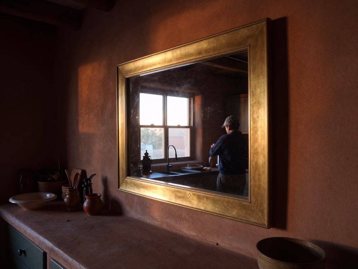 Pre-Dawn Santa Fe Kitchen with Polished Brass Mirror and Crazed Majolica Glaze in in Santa Fe, New Mexico, United States