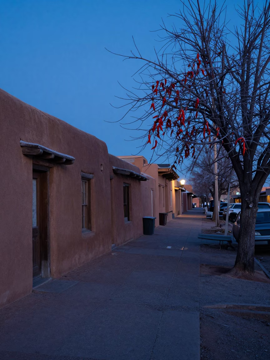 Pre-dawn Santa Fe street scene with chili peppers and frost before sunrise in in Santa Fe, New Mexico, United States