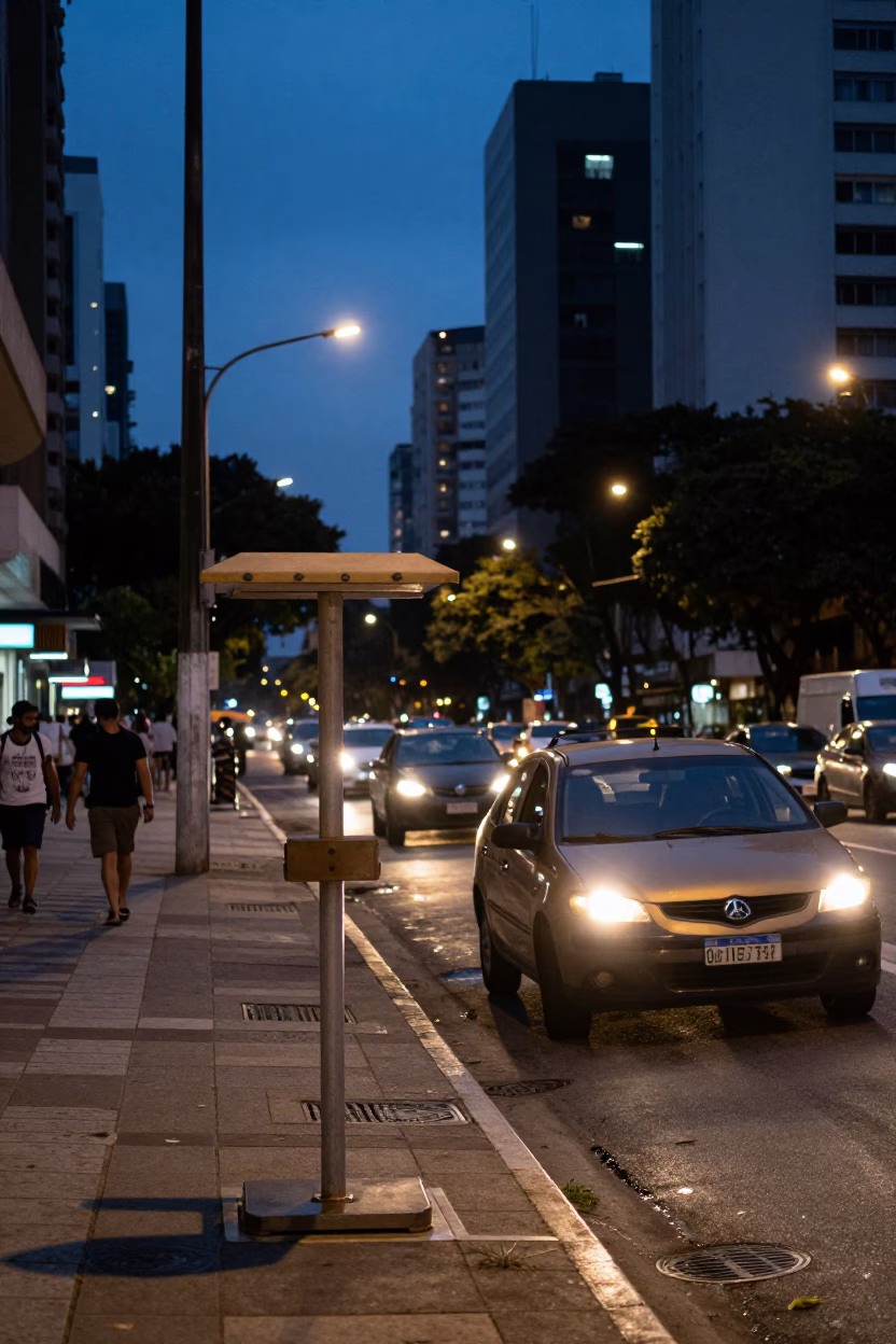 Pre-dawn São Paulo Street Scene with Valet Stand and Headlight Reflections in in São Paulo, Brazil