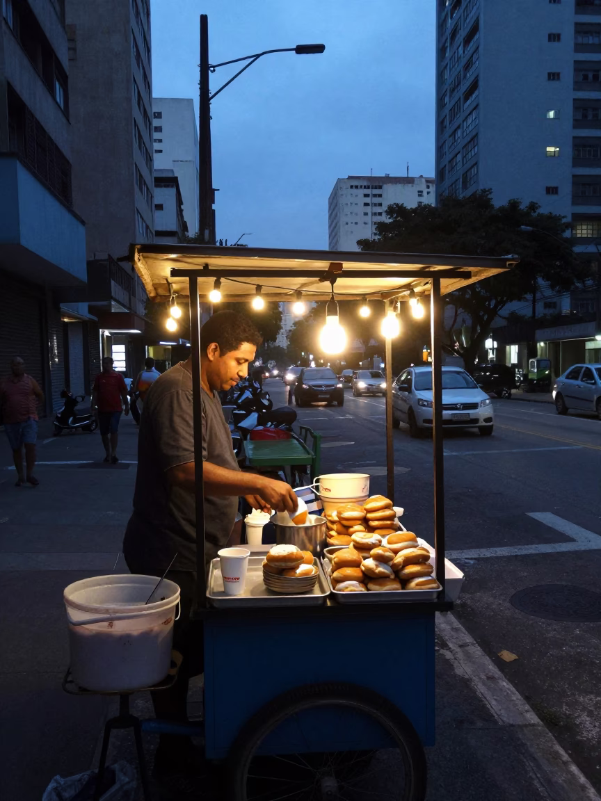 Pre-dawn São Paulo street vendor selling coffee and beignets on cobblestone avenue in in São Paulo, Brazil