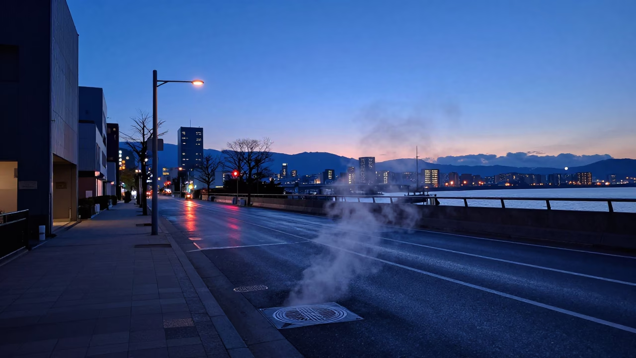 Pre-Dawn Sapporo Street Scene with Neon Reflections and Steam Rising from Manhole Covers in in Sapporo, Japan