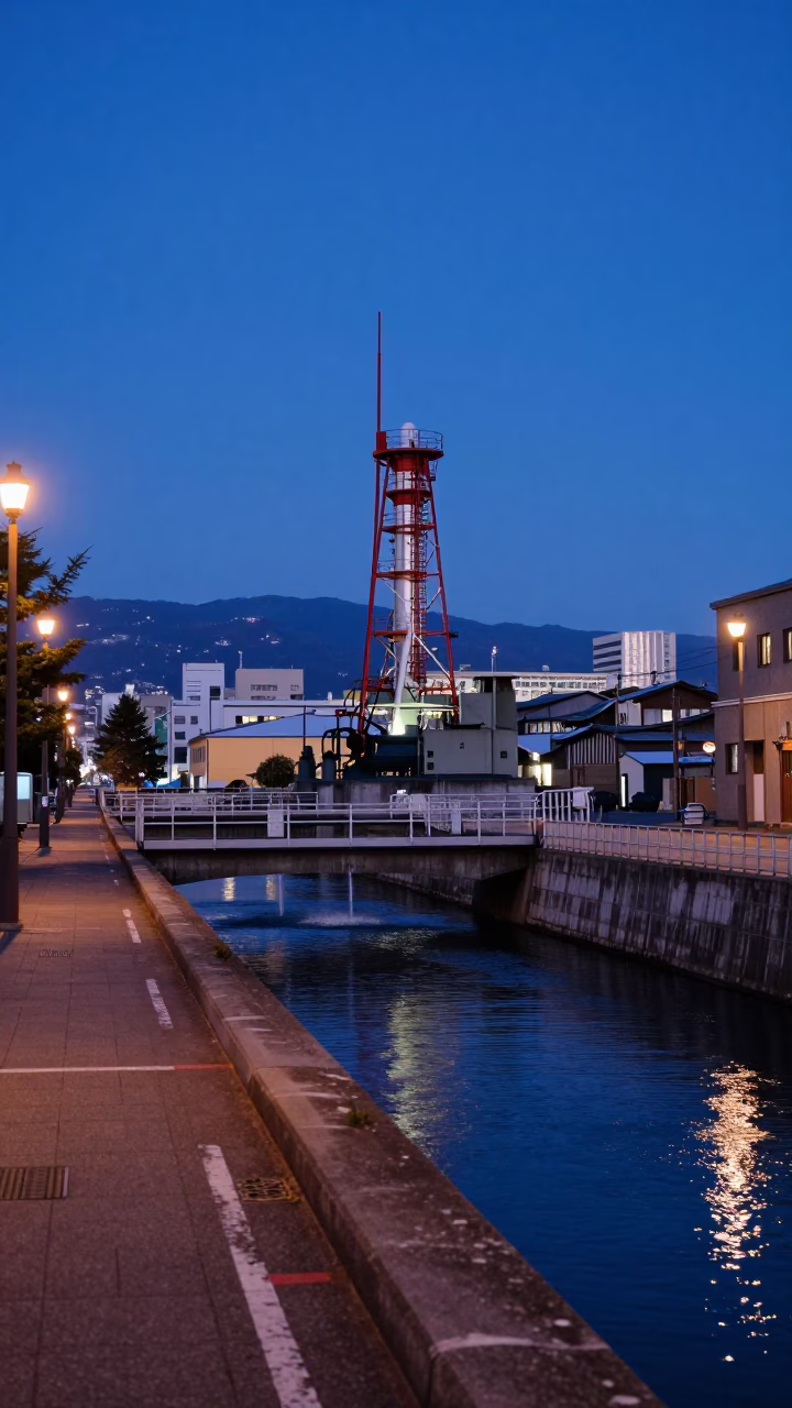 Pre-dawn Sapporo Street Scene with Pumping Station and Urban Infrastructure in in Sapporo, Japan