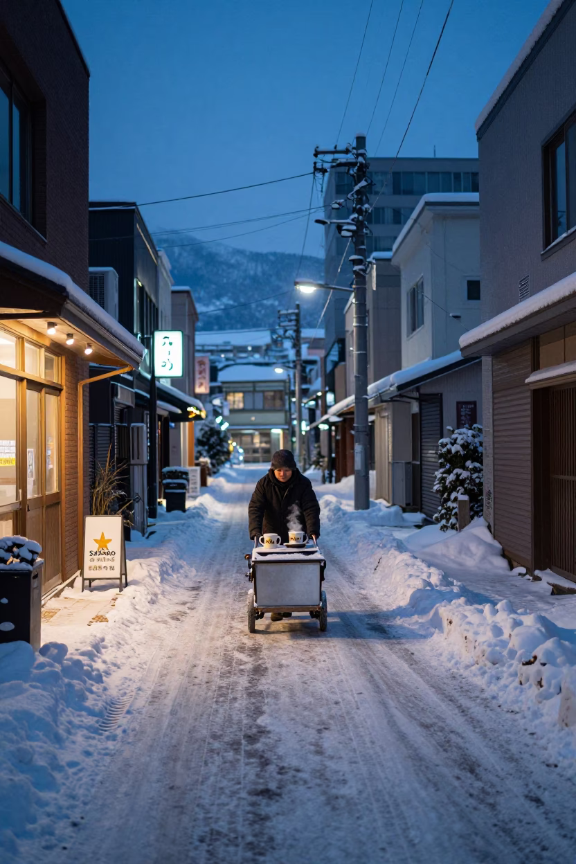 Pre-dawn Sapporo Street Scene with Steaming Coffee Mugs and Snowy Alleyway in in Sapporo, Japan
