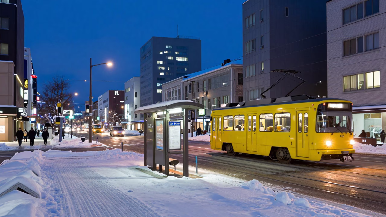 Pre-dawn Sapporo Street Scene with Tram Stop and Winter Slush in in Sapporo, Japan