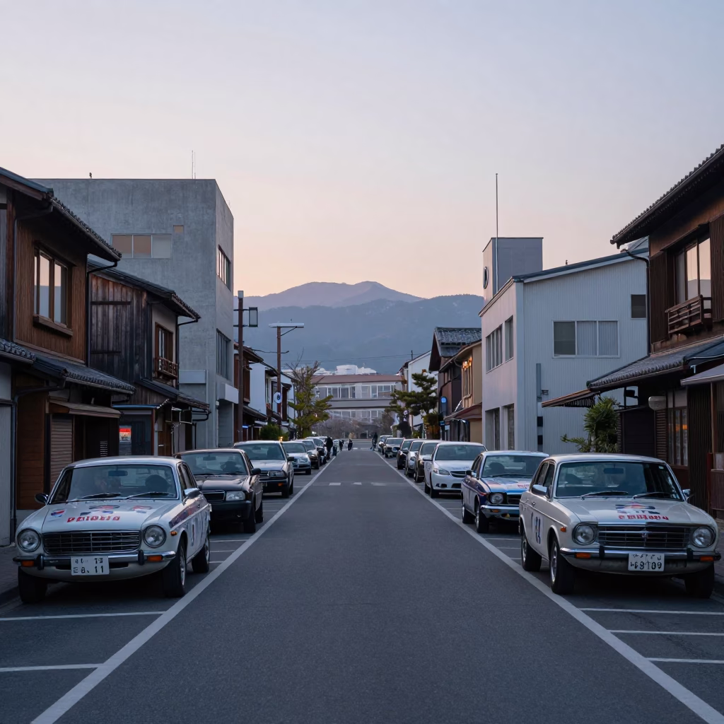 Pre-Dawn Sapporo Street Scene with Vintage Car Rally and Lockbox in Cool Stillness in in Sapporo, Japan