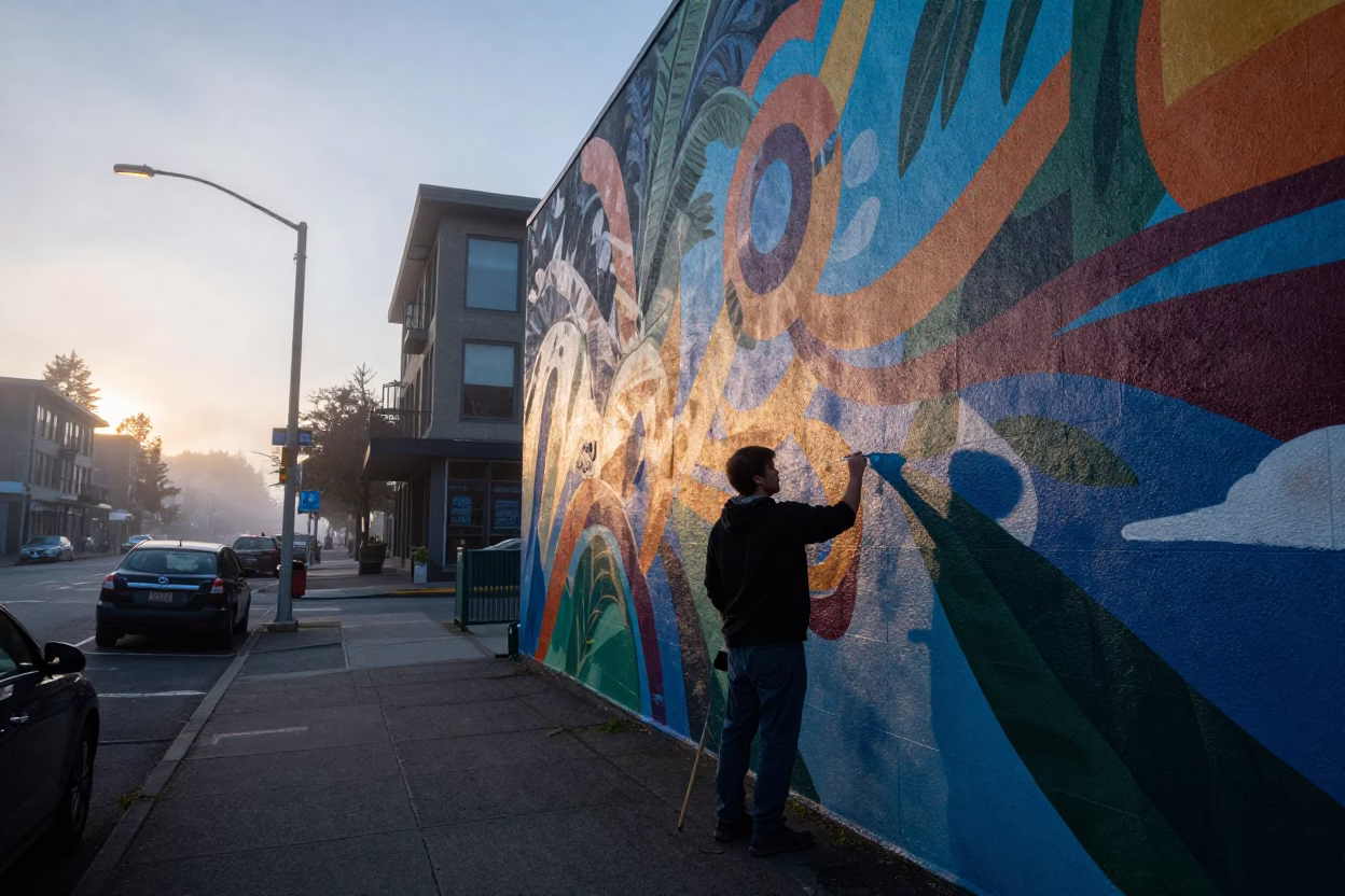 Pre-Dawn Seattle Street Scene with Artist Painting Mural and Paint Flecks in in Seattle, Washington, United States