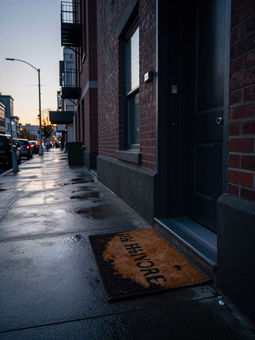 Pre-dawn Seattle street scene with doormat and urban architecture in in Seattle, Washington, United States
