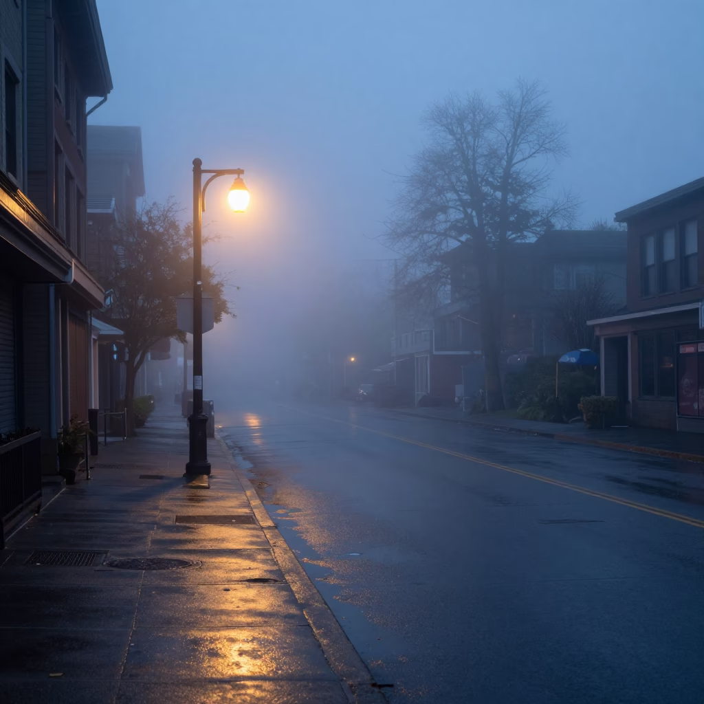 Pre-dawn Seattle Street Scene with Lantern in Fog and Leaf Shadows in in Seattle, Washington, United States