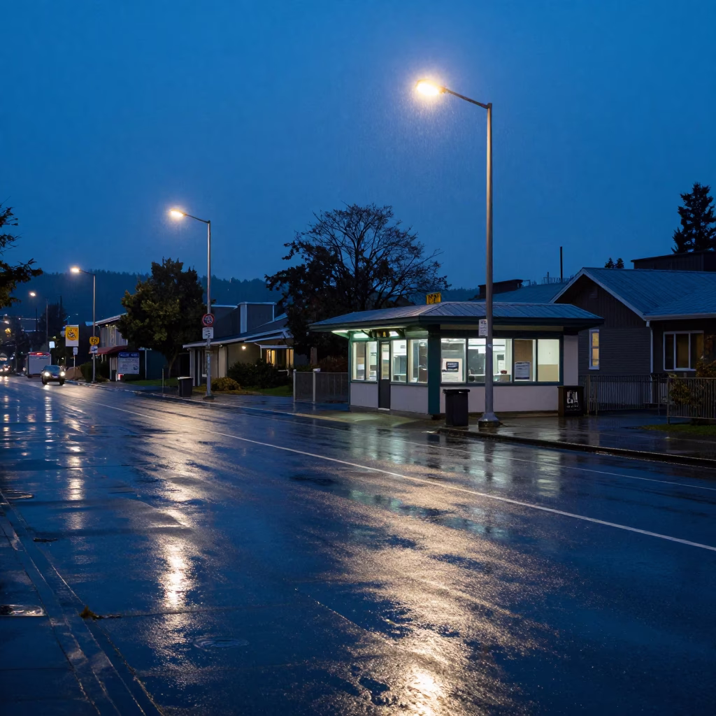 Pre-Dawn Seattle Street Scene with Rain-Slicked Pavement and Substation Insulators in in Seattle, Washington, United States