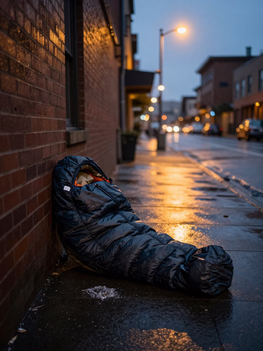 Pre-dawn Seattle Street Scene with Sleeping Bag and Ash Shovel Near Downtown in in Seattle, Washington, United States