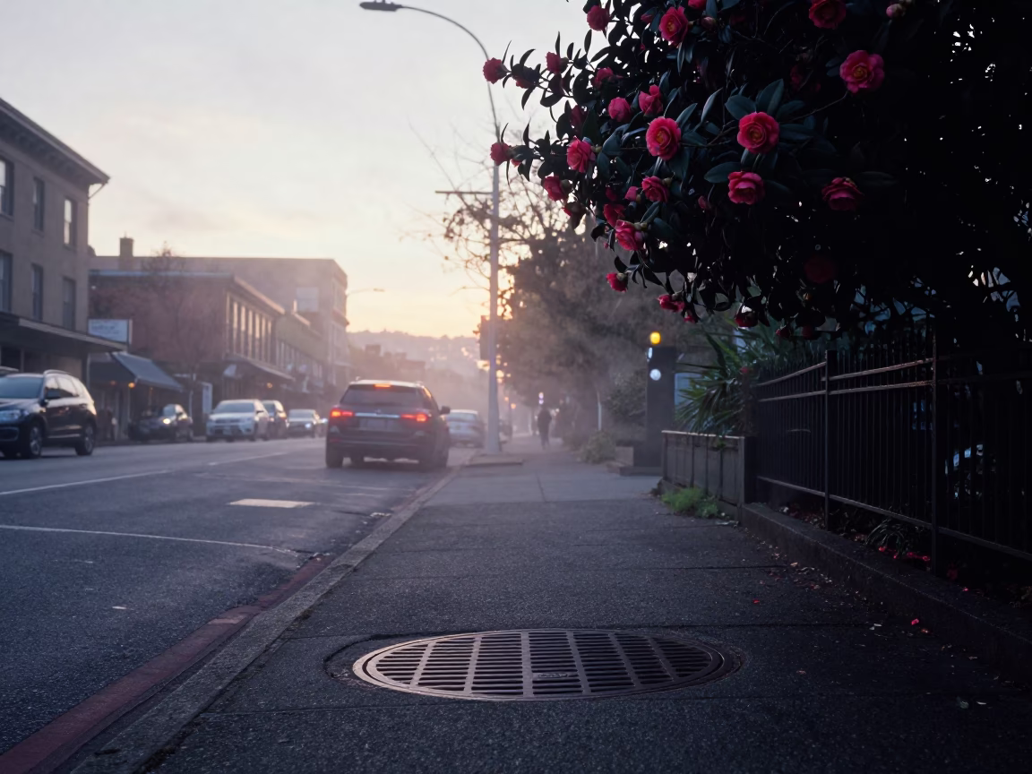 Pre-Dawn Seattle Street Scene with Steam Haze and Camellia Flowers in in Seattle, Washington, United States