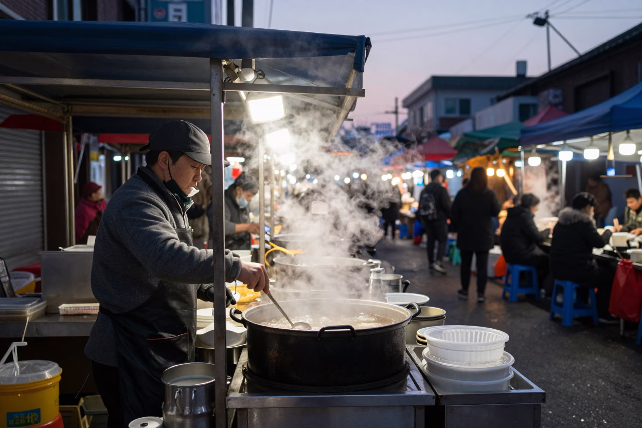 Pre-dawn Seoul Street Market Stall with Steam and Early Morning Activity in in Seoul, South Korea