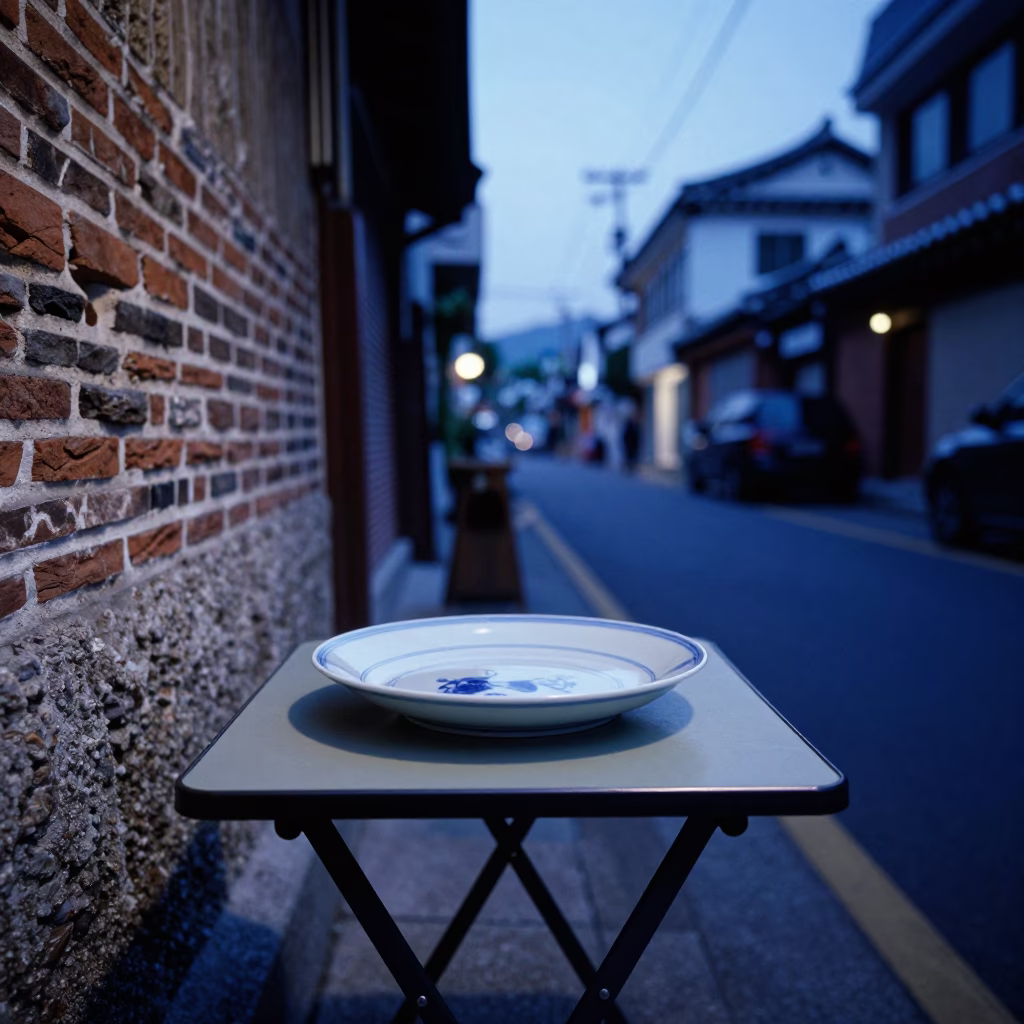 Pre-dawn Seoul Street Scene with Blue and White Porcelain Plate and Wash Basin in in Seoul, South Korea