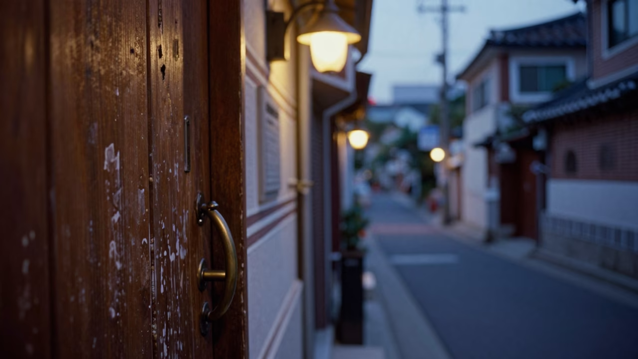 Pre-dawn Seoul street scene with door handle and night-light illumination in in Seoul, South Korea