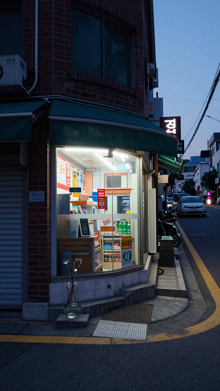 Pre-Dawn Seoul Street Scene with Glass Vase and Faded Championship Photos in in Seoul, South Korea