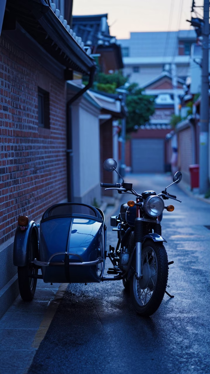 Pre-dawn Seoul Street Scene with Vintage Motorcycle Sidecar and Urban Architecture in in Seoul, South Korea