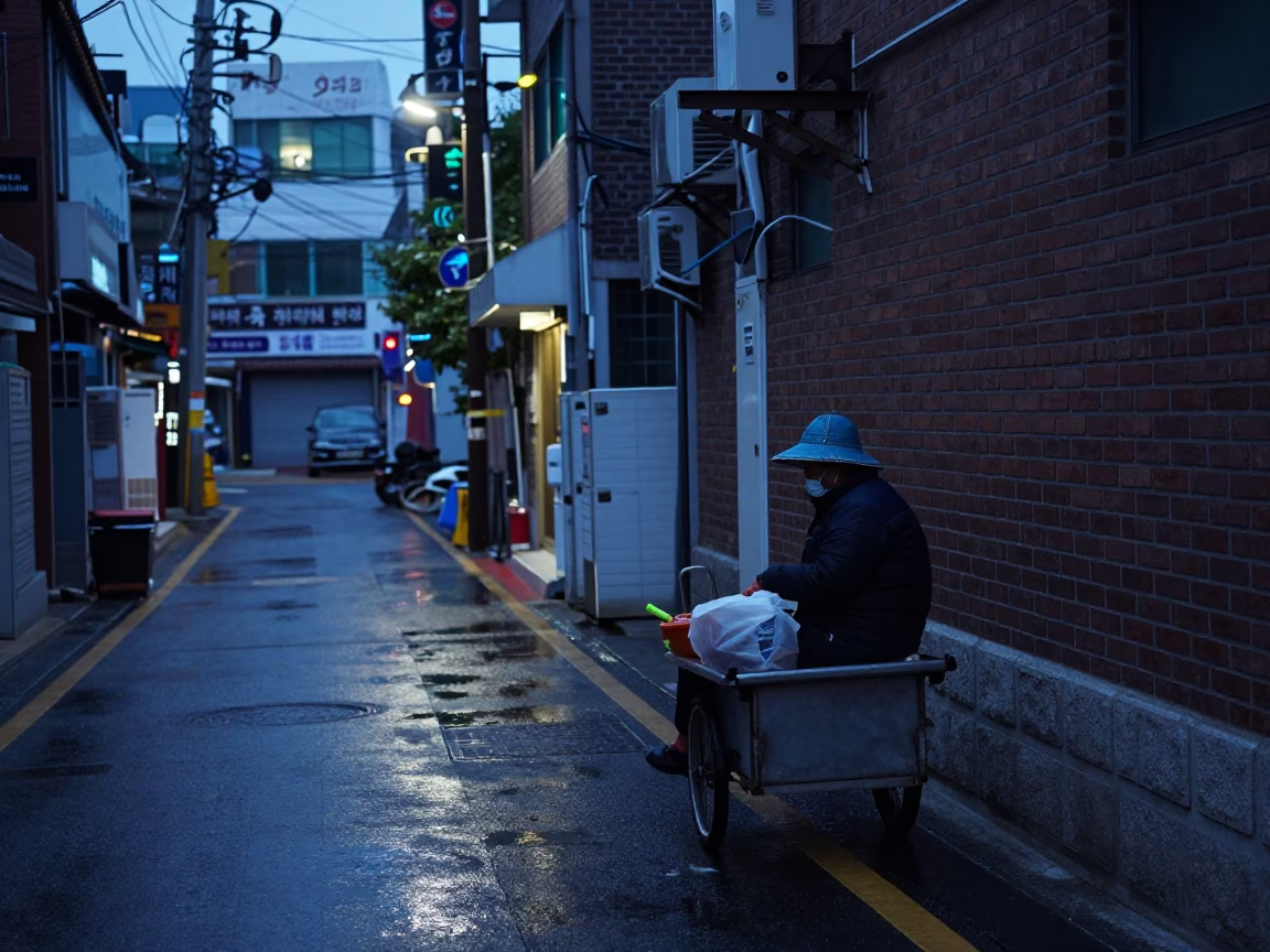 Pre-Dawn Seoul Street Scene with Wet Pavement and Urban Details in in Seoul, South Korea