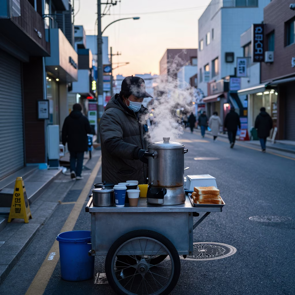 Pre-Dawn Seoul Street Vendor Selling Coffee and Toast Near Subway Entrance in in Seoul, South Korea