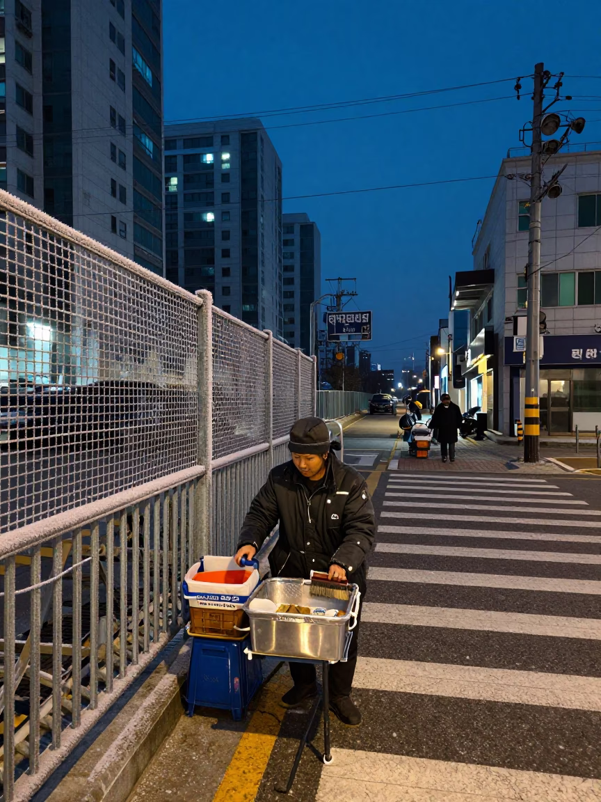 Pre-Dawn Seoul Street Vendor with Basket and Brushed Steel Handle in Hoarfrost Light in in Seoul, South Korea