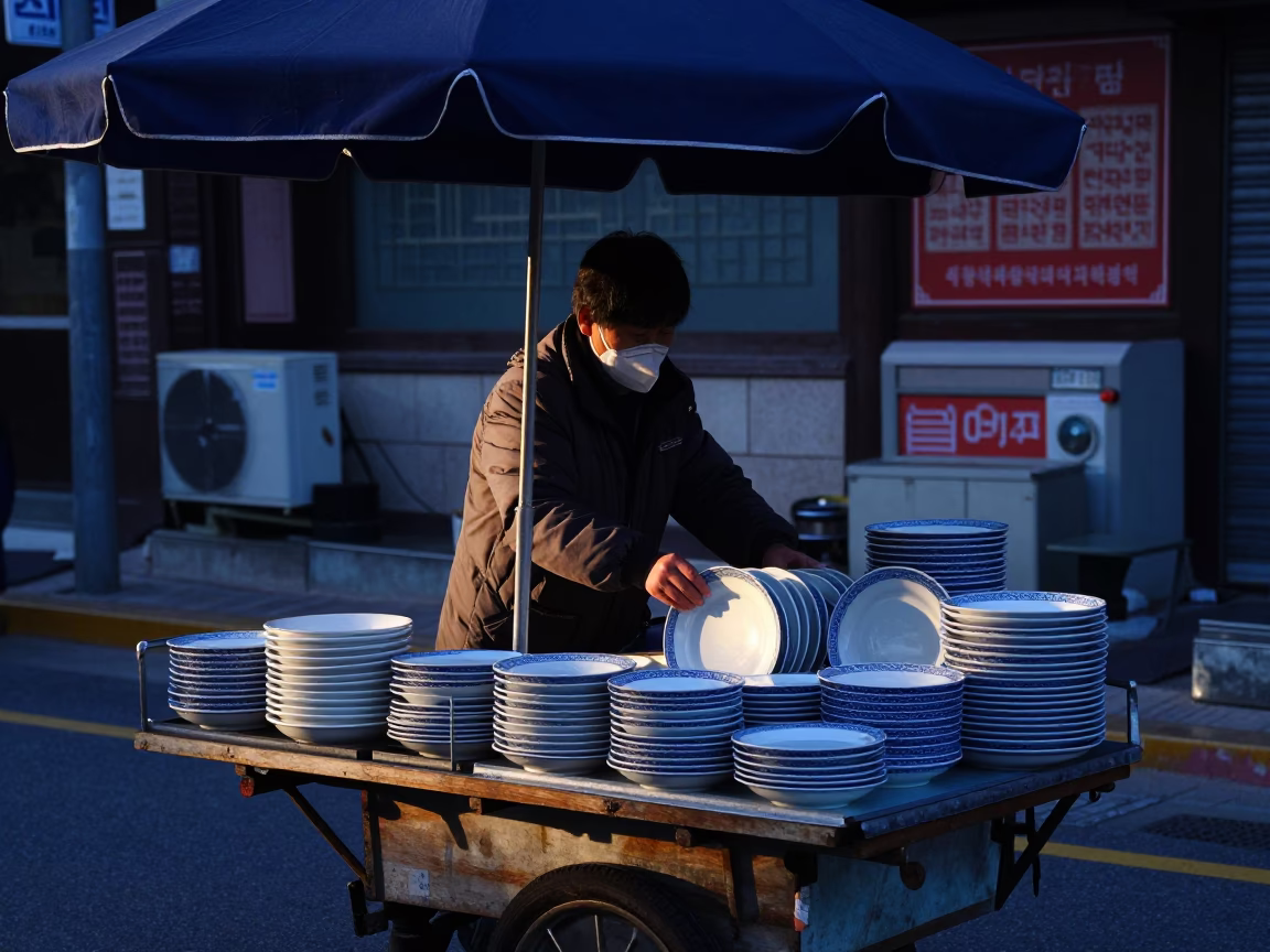 Pre-dawn Seoul Street Vendor with Blue Porcelain Plates and Umbrella Stand in in Seoul, South Korea