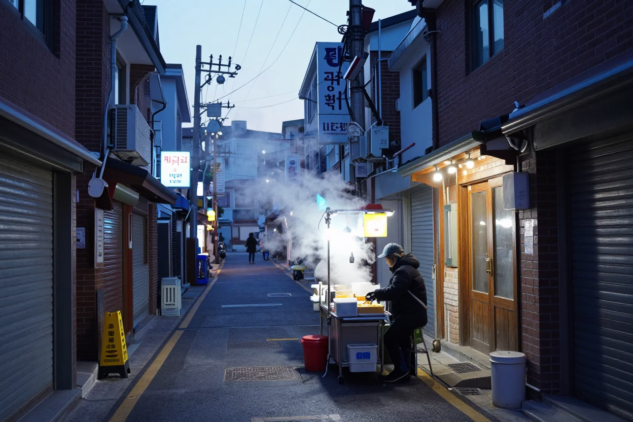 Pre-Dawn Seoul Street Vendor with Steam and Neon Lights in in Seoul, South Korea