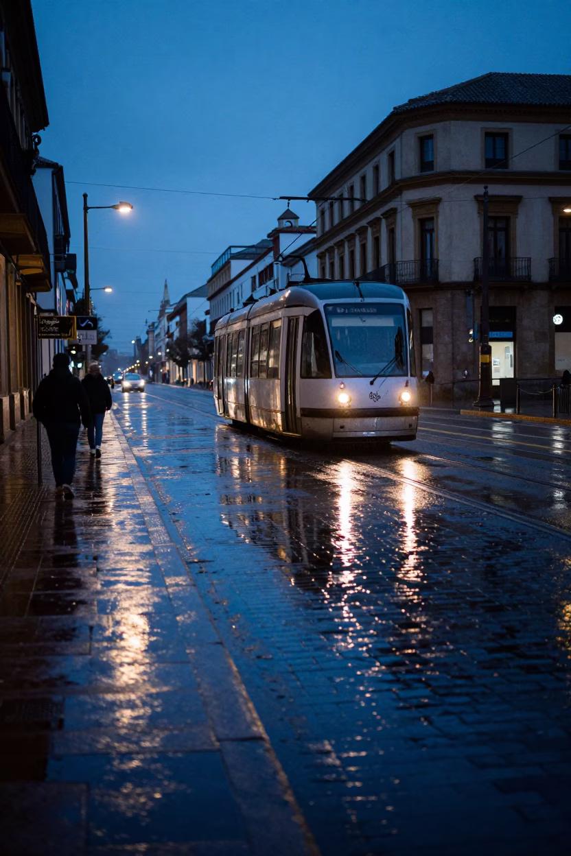Pre-dawn Seville Spain street scene with tramcar reflection on wet cobblestones in in Seville, Spain