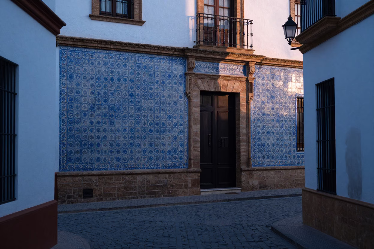 Pre-dawn Seville street scene with blue tiled facade and parked bicycles in in Seville, Spain