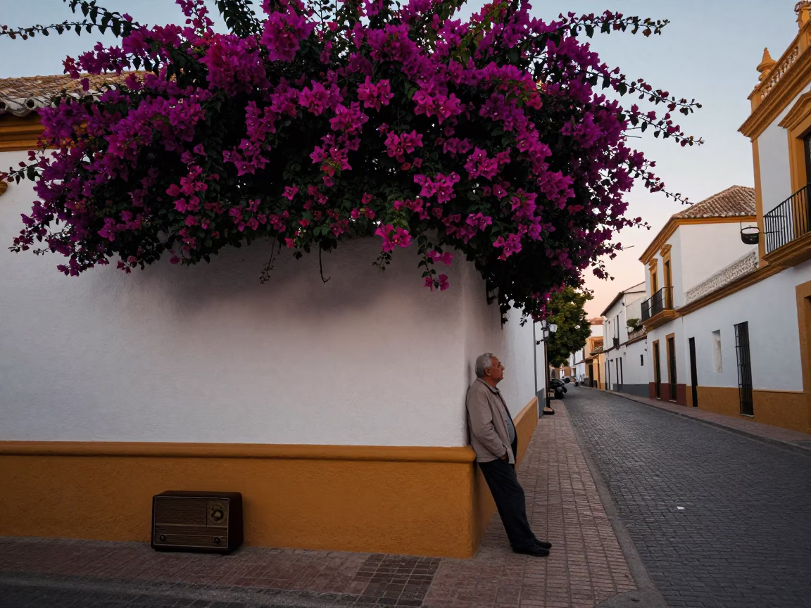 Pre-Dawn Seville Street Scene with Bougainvillea and Vintage Radio in in Seville, Spain