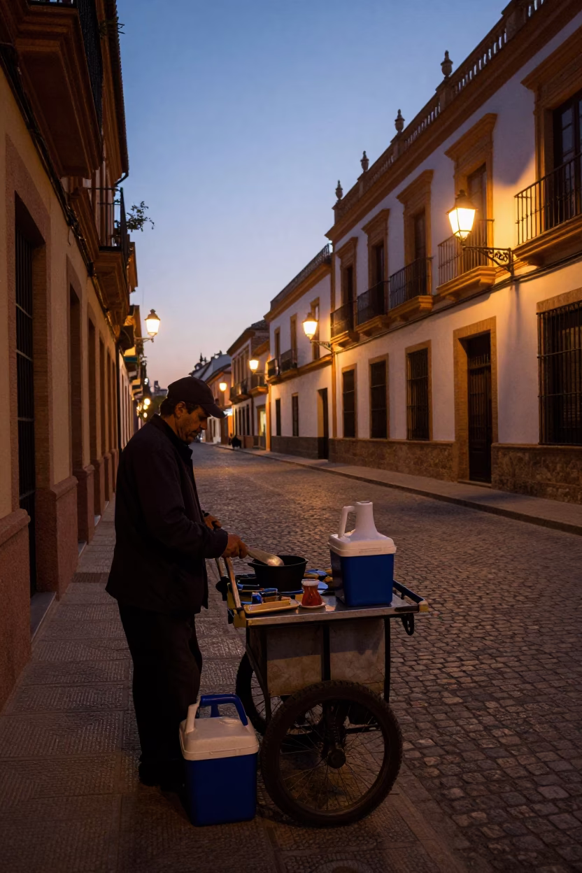 Pre-Dawn Seville Street Scene with Cooler Jug and Tea Kettle in in Seville, Spain