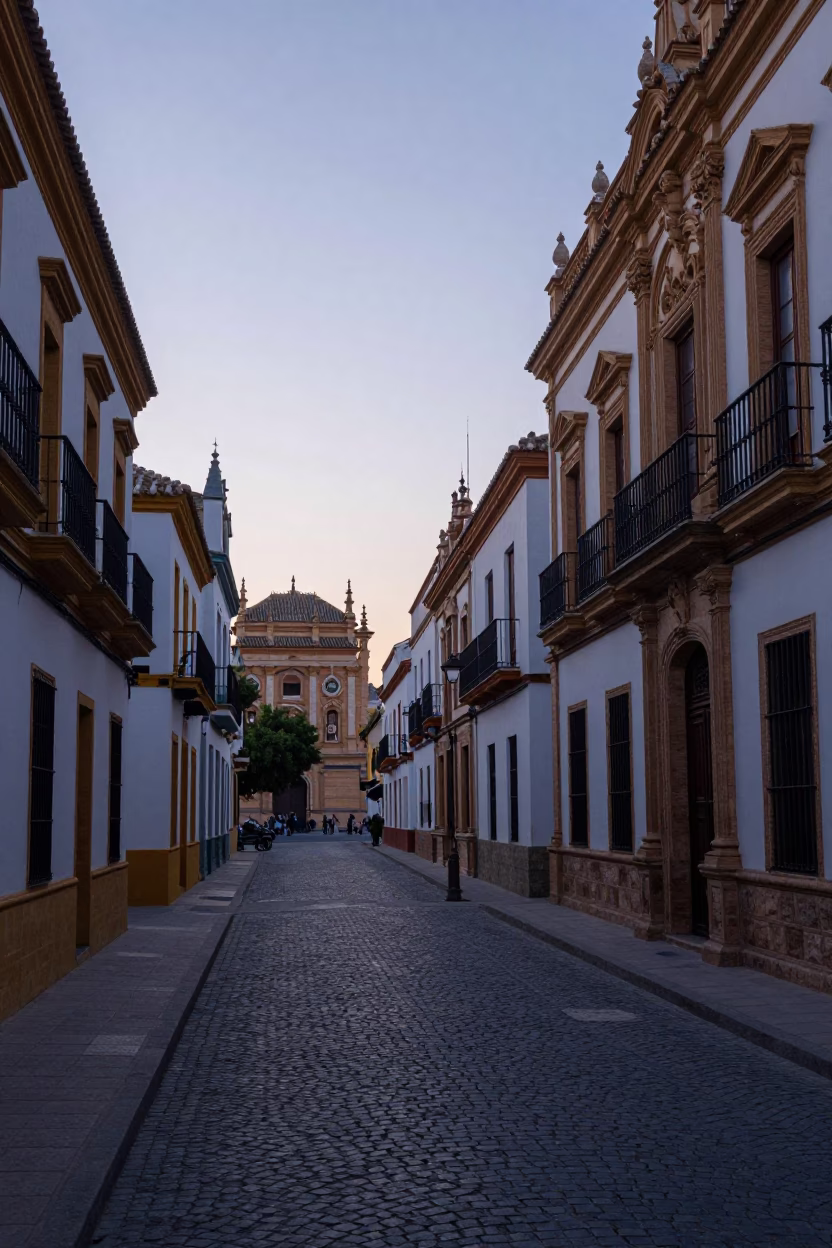 Pre-dawn Seville street scene with historic architecture and morning light in in Seville, Spain