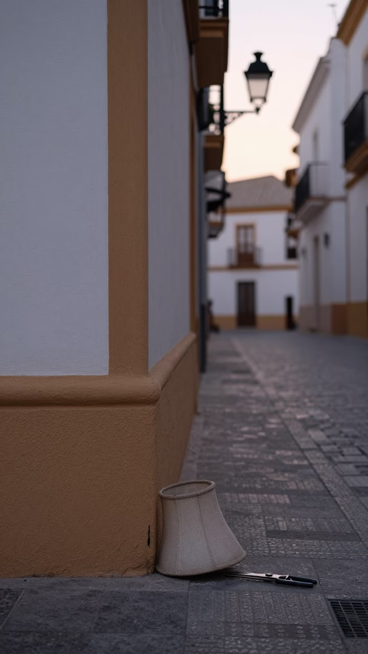 Pre-dawn Seville street scene with lampshade and garden shears in in Seville, Spain