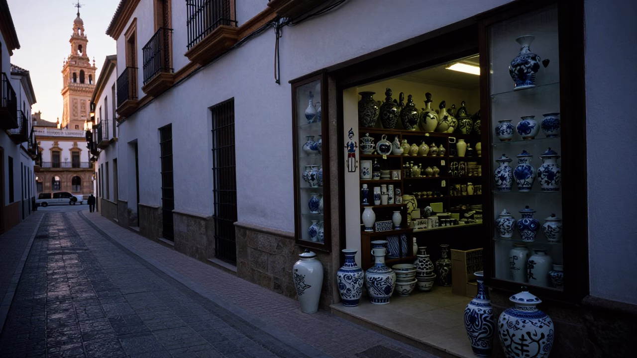 Pre-Dawn Seville Street Scene with Porcelain Jar and Scratched Tiles in in Seville, Spain