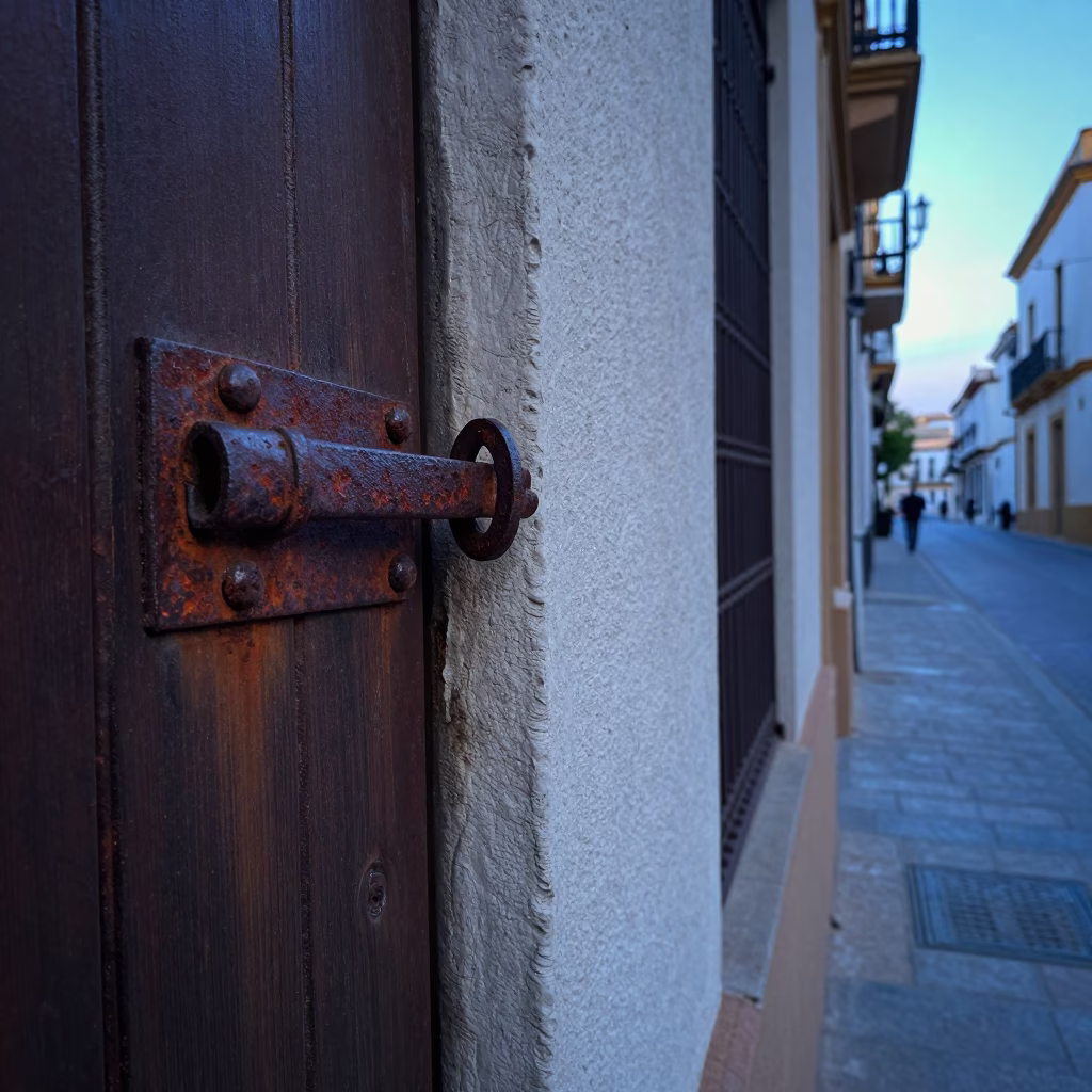 Pre-dawn Seville Street Scene with Rusty Iron Latch and Brushed Steel Bucket in in Seville, Spain
