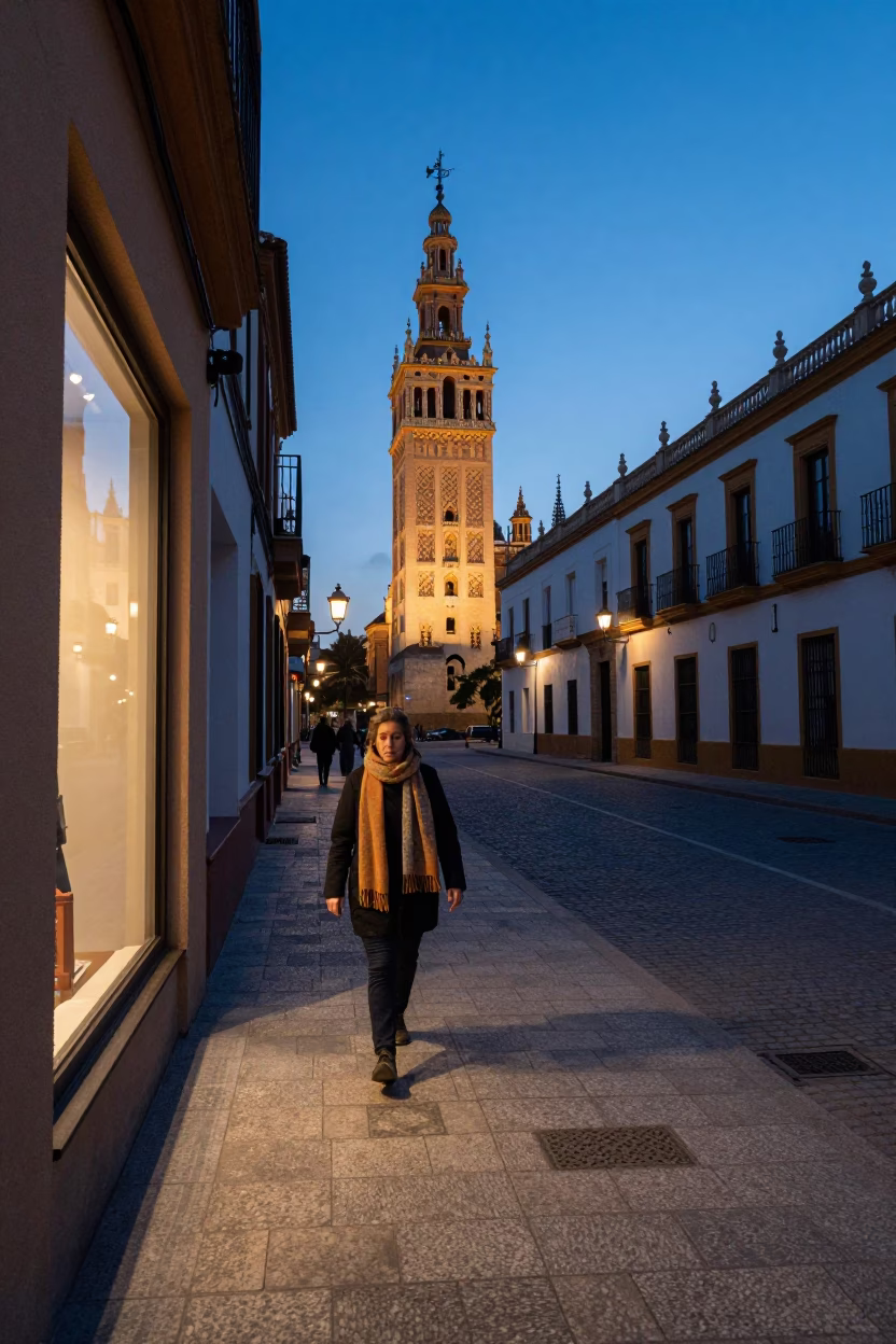 Pre-dawn Seville Street Scene with Scarf and Glass Window Reflection in in Seville, Spain