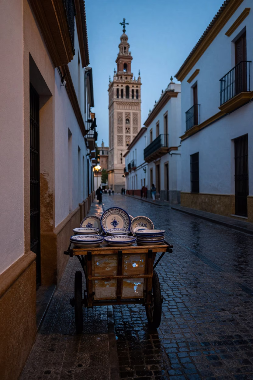 Pre-dawn Seville street scene with traditional ceramic plates and rain-soaked cobblestones in in Seville, Spain
