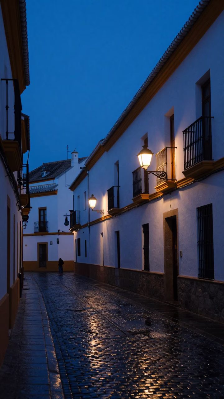 Pre-dawn Seville street scene with wet cobblestones and early morning light in in Seville, Spain