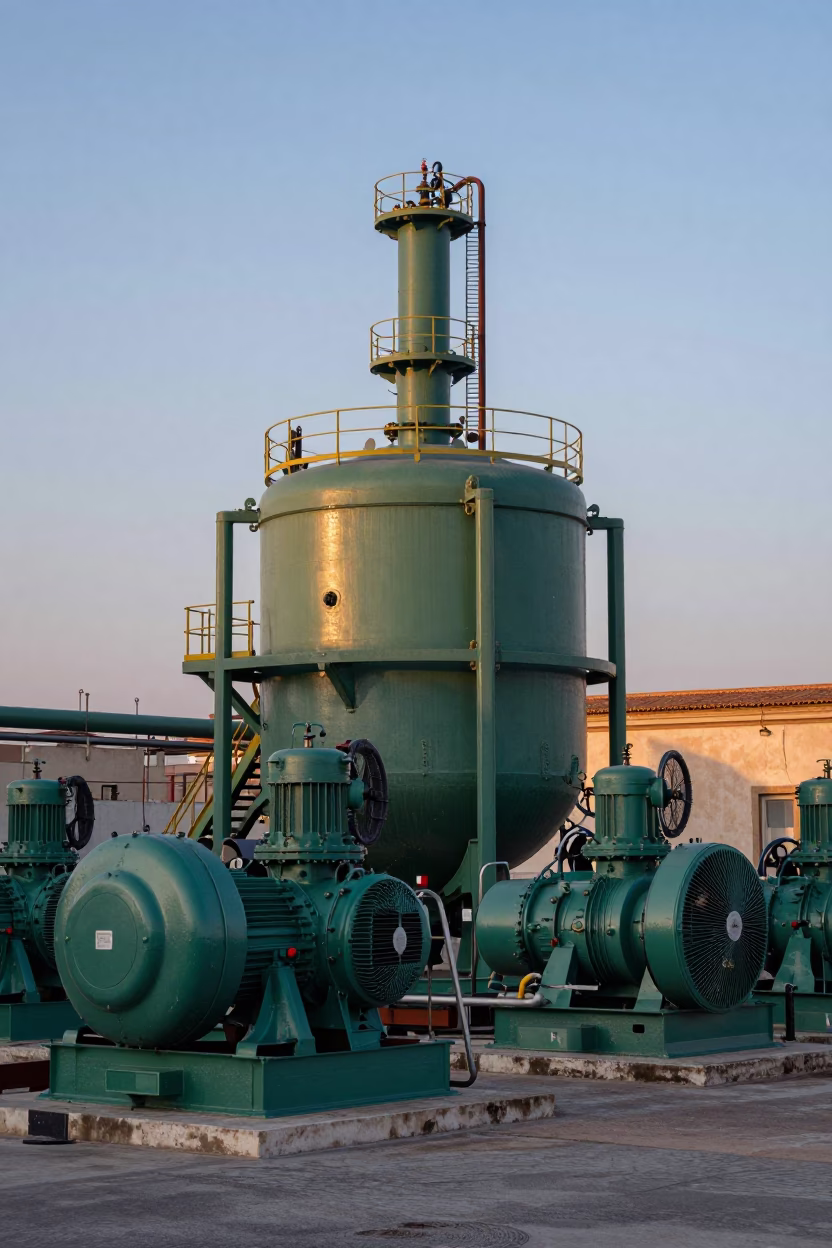 Pre-dawn sewage pumping station in Palermo Italy massive green industrial machinery in in Palermo, Italy