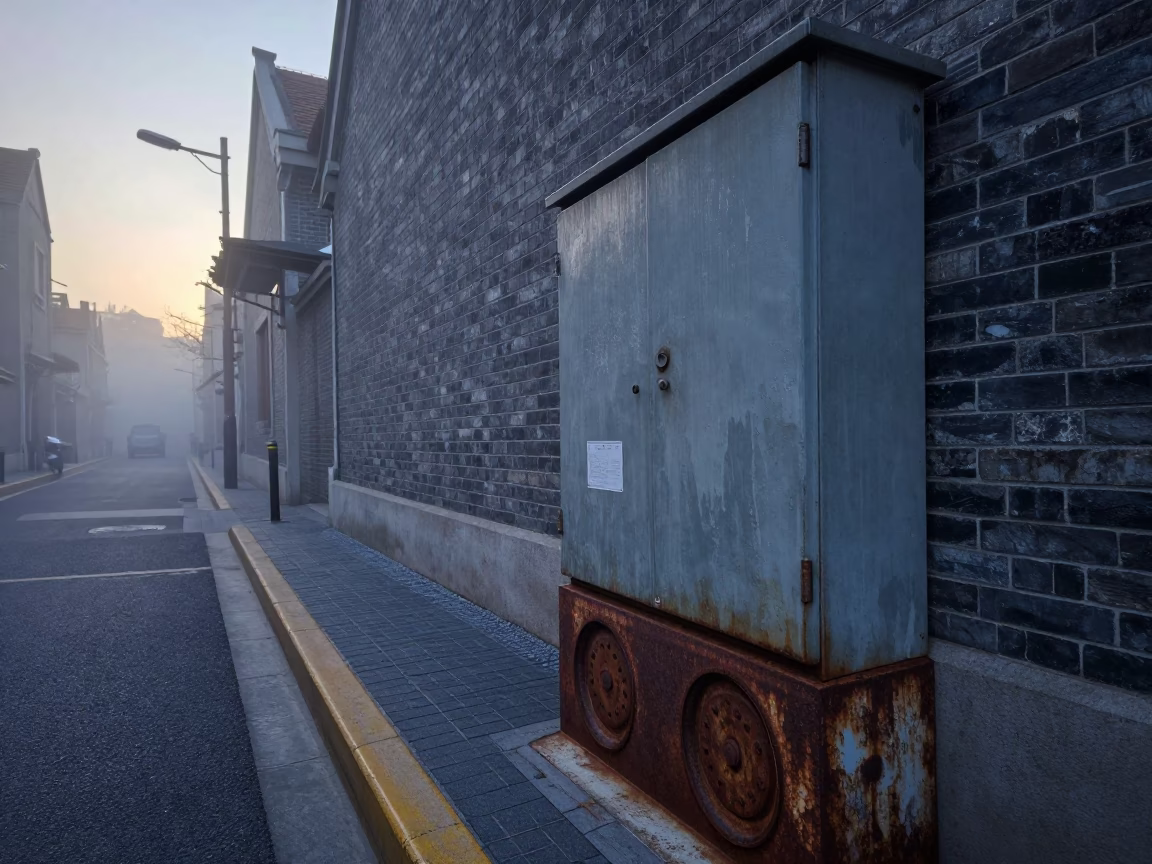 Pre-dawn Shanghai street scene with rusted rim details and quiet morning stillness in in Shanghai, China