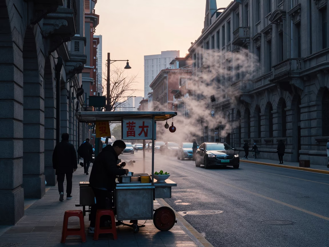 Pre-Dawn Shanghai Street Scene with Steam and Urban Architecture in in Shanghai, China
