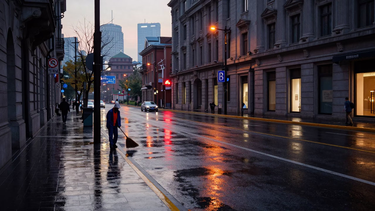 Pre-dawn Shanghai Street Scene with Wet Pavement Reflections and Neon Signage in in Shanghai, China