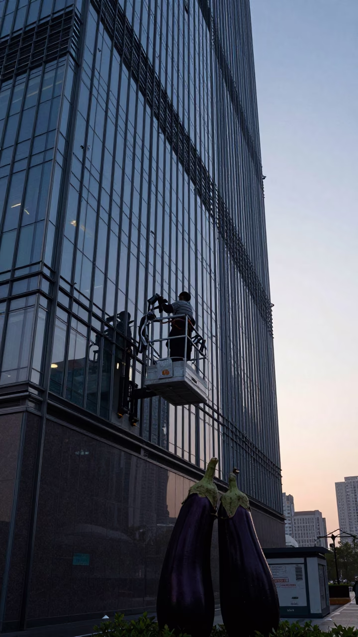 Pre-Dawn Shanghai Street Scene with Window Washer and Eggplants in in Shanghai, China