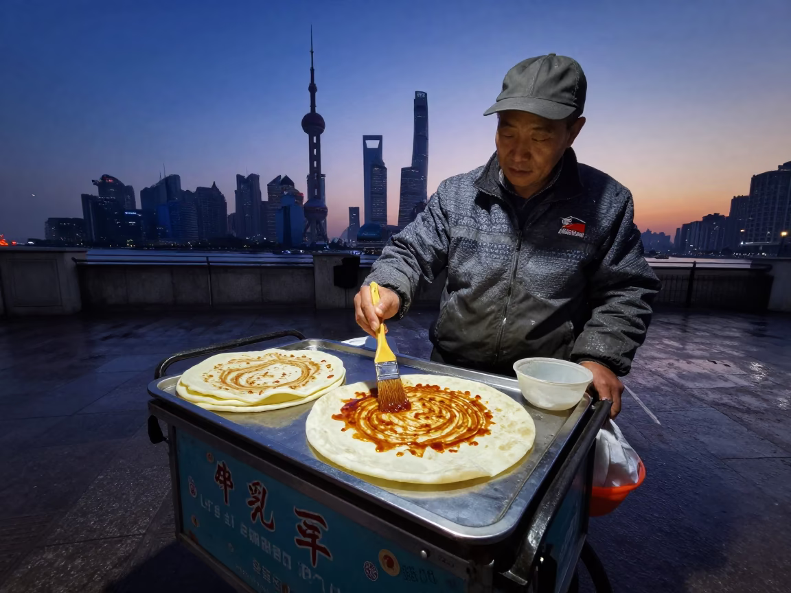 Pre-dawn Shanghai street vendor preparing breakfast with paintbrush and nail brush tools in in Shanghai, China