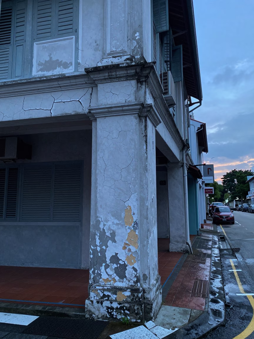 Pre-dawn Singapore Street Corner with Cracked Stucco and Morning Coffee Stains in in Singapore, Singapore