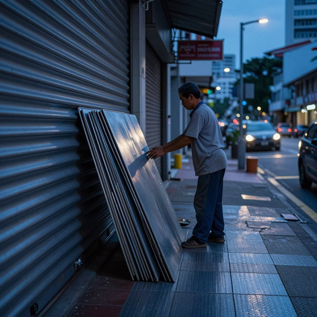Pre-dawn Singapore street scene with brushed steel tiles and worn stool leg in in Singapore, Singapore