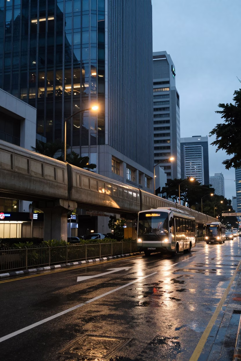 Pre-dawn Singapore Street Scene with Monorail Reflection and Urban Details in in Singapore, Singapore