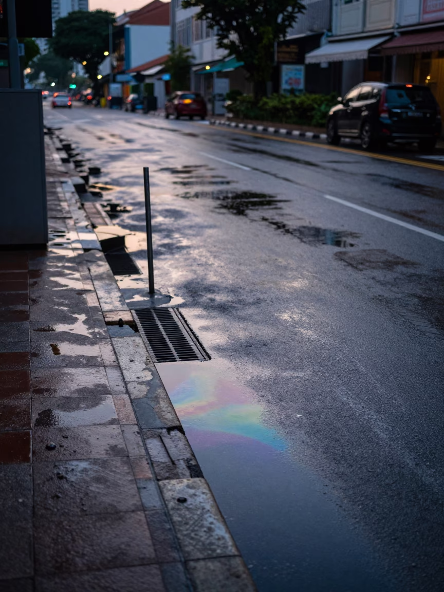 Pre-dawn Singapore street scene with oil-sheened puddles and wet pavement reflections in in Singapore, Singapore