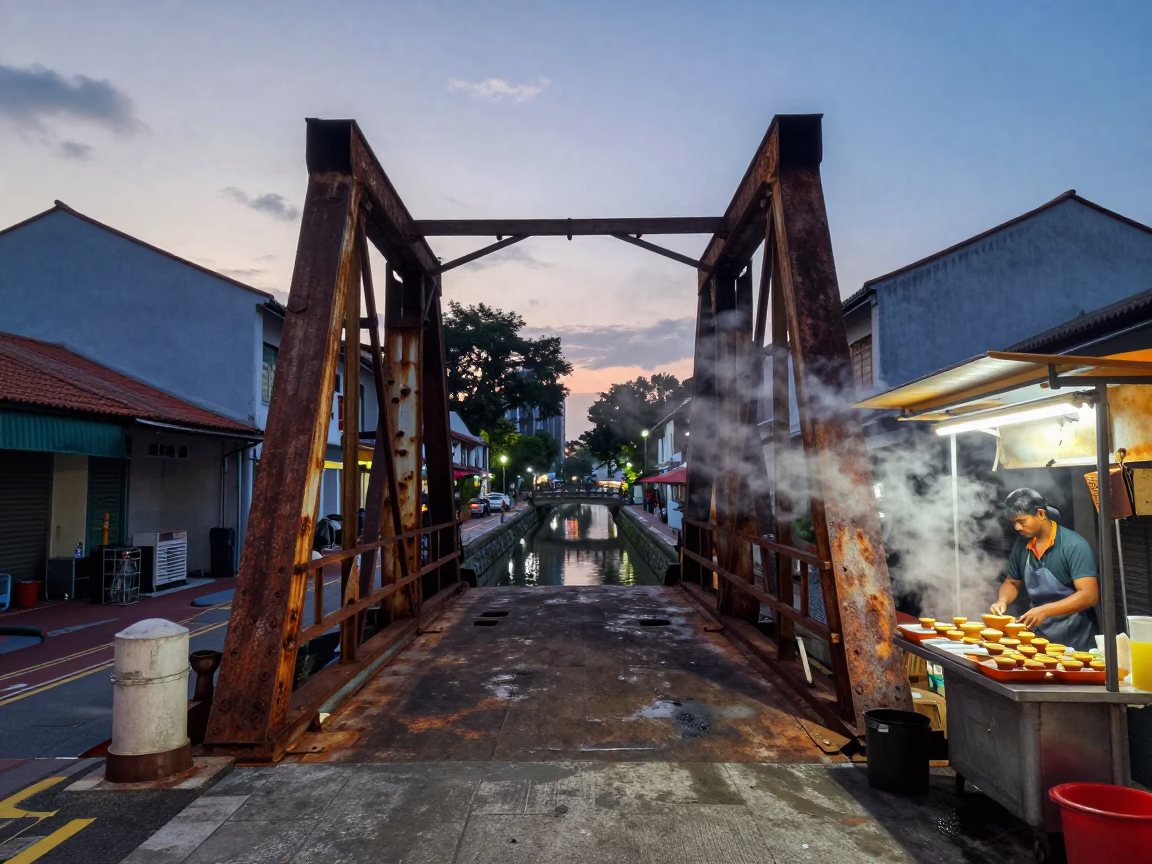 Pre-Dawn Singapore Street Scene with Rusted Drawbridge and Morning Coffee Stall in in Singapore, Singapore