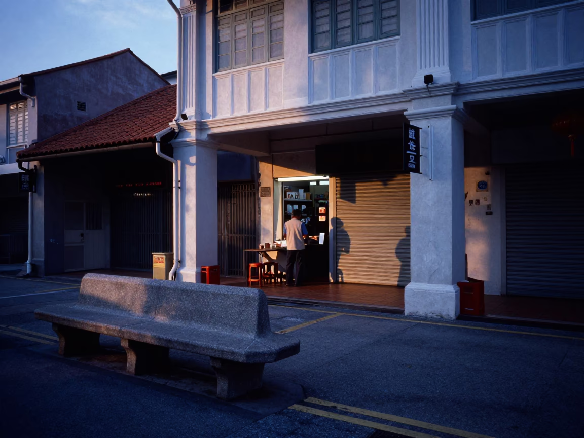 Pre-Dawn Singapore Street Scene with Stone Bench and Shopkeeper in in Singapore, Singapore