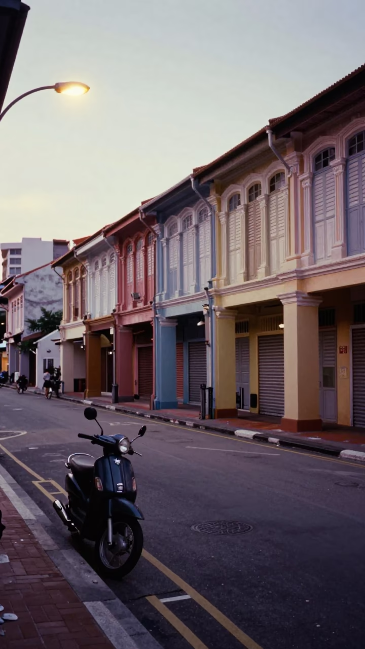 Pre-Dawn Singapore Street Scene with Vintage Motorcycle and Streetlamp Glow in in Singapore, Singapore