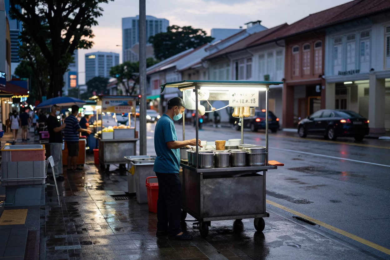 Pre-dawn Singapore street scene with wet pavement reflections and local breakfast stall setup in in Singapore, Singapore